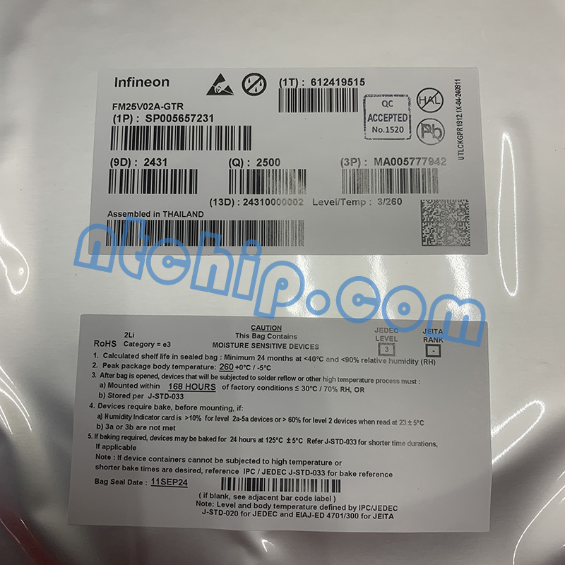 Infineon Technologies FM25V02A-GTR Original package label picture Infineon Technologies FM25V02A-GTR Original package label picture