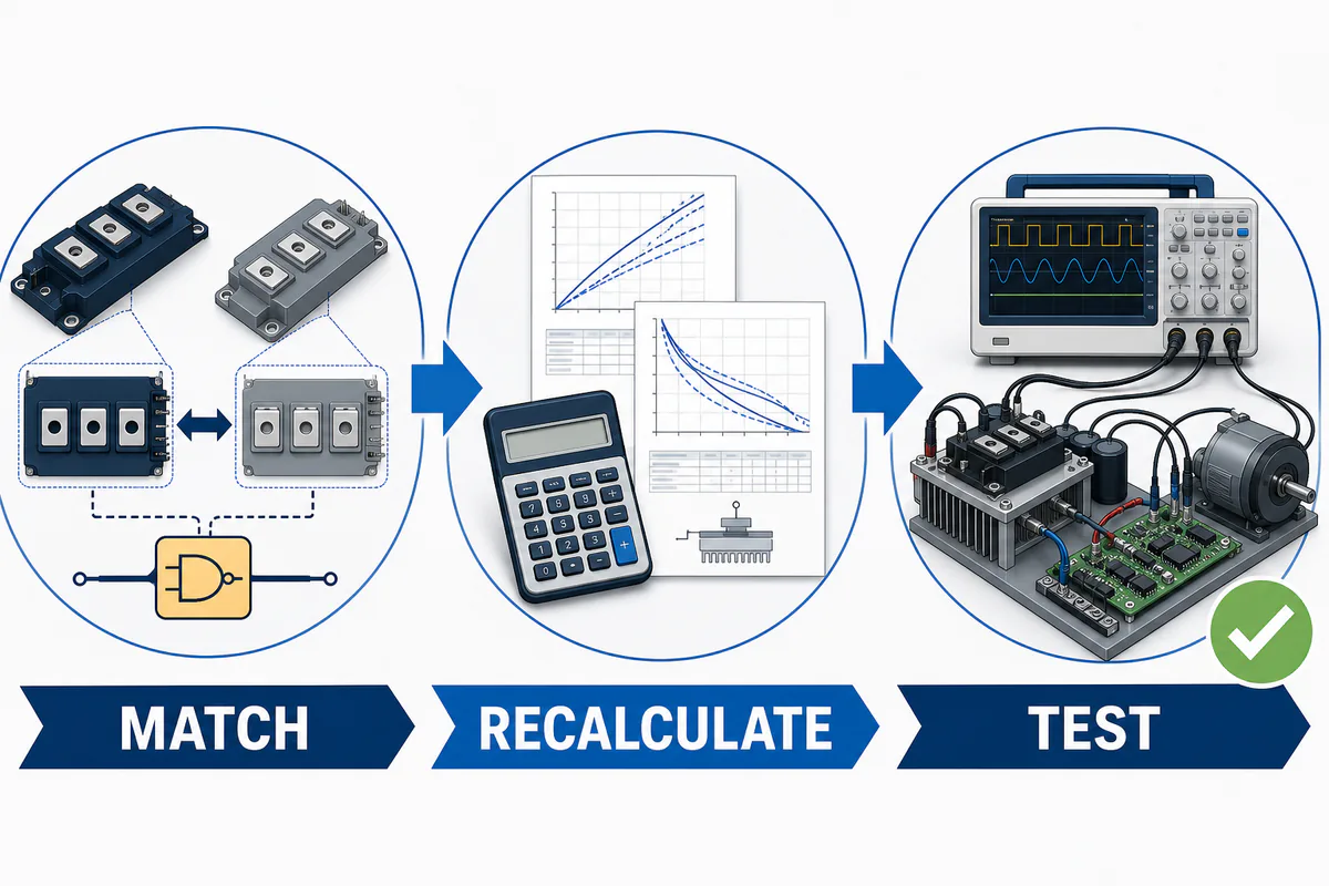 Three IGBT replacement decision gates: match, recalculate, and test Three IGBT replacement decision gates: match, recalculate, and test